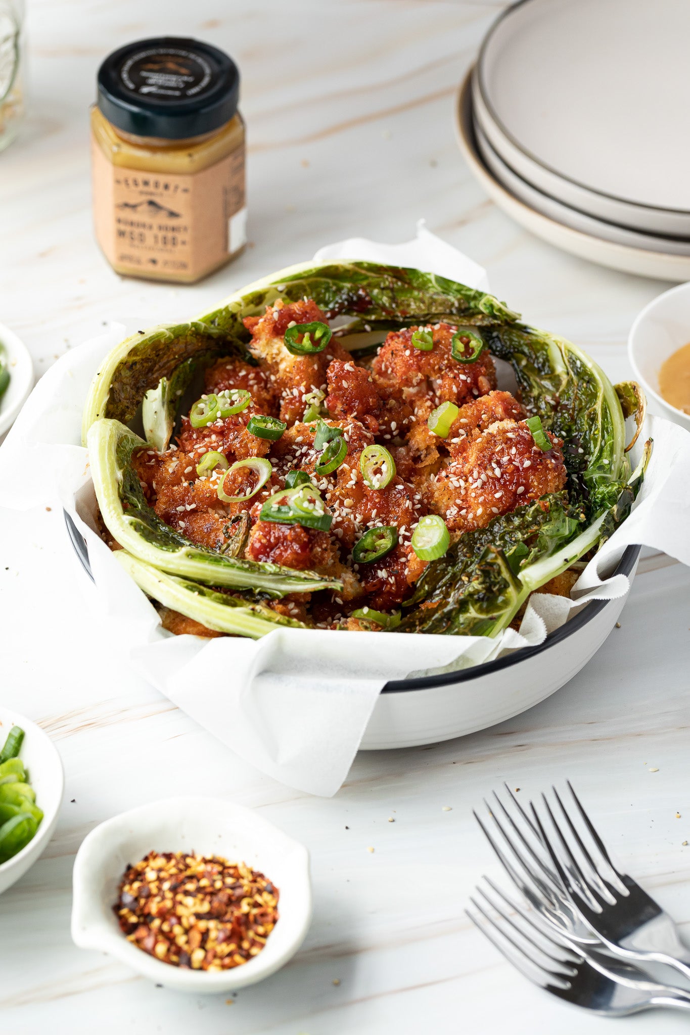 Egmont Honey – Spiced honey panko cauliflower bites w/ crispy leaves