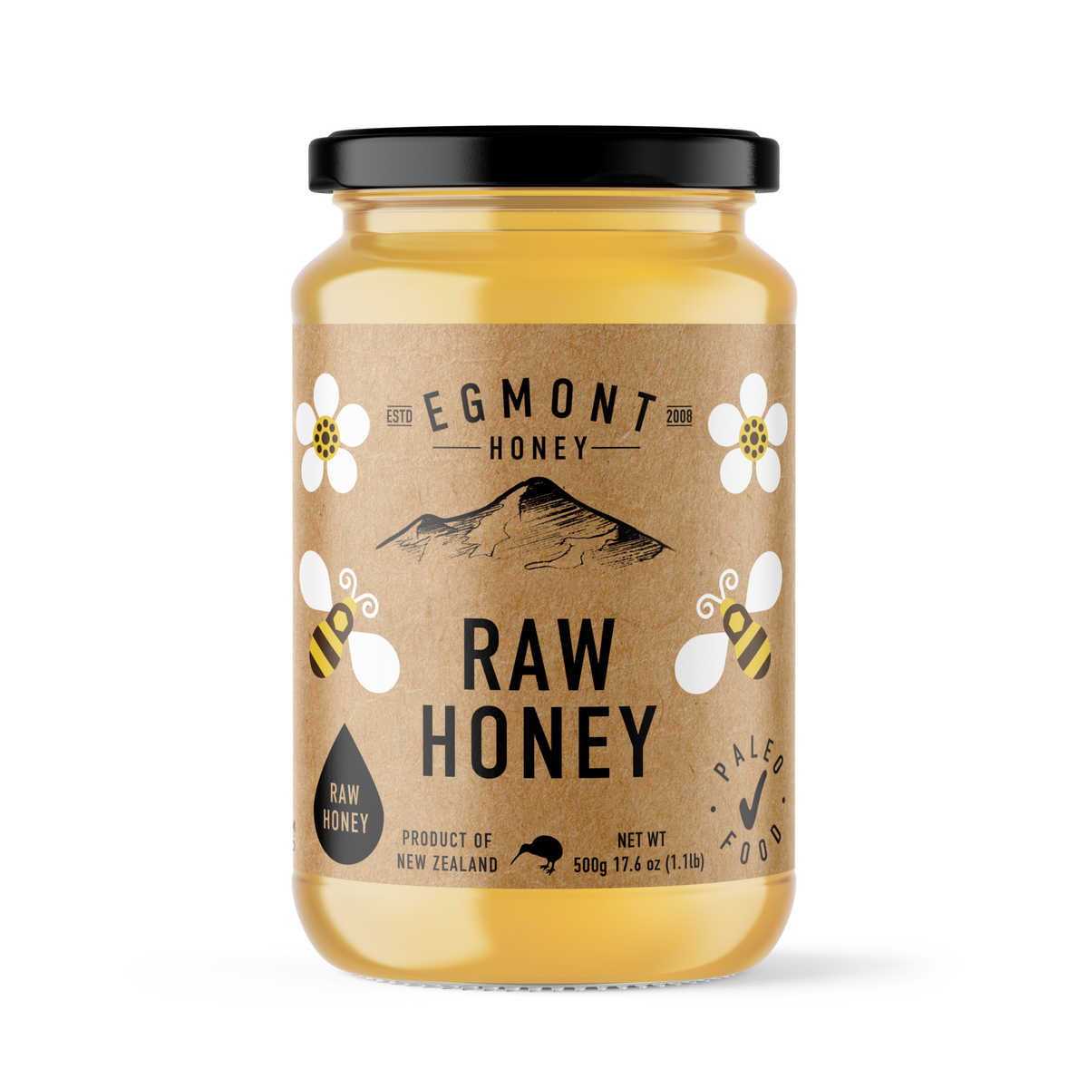 Raw Honey, 500g Glass Jar Egmont Honey NZ